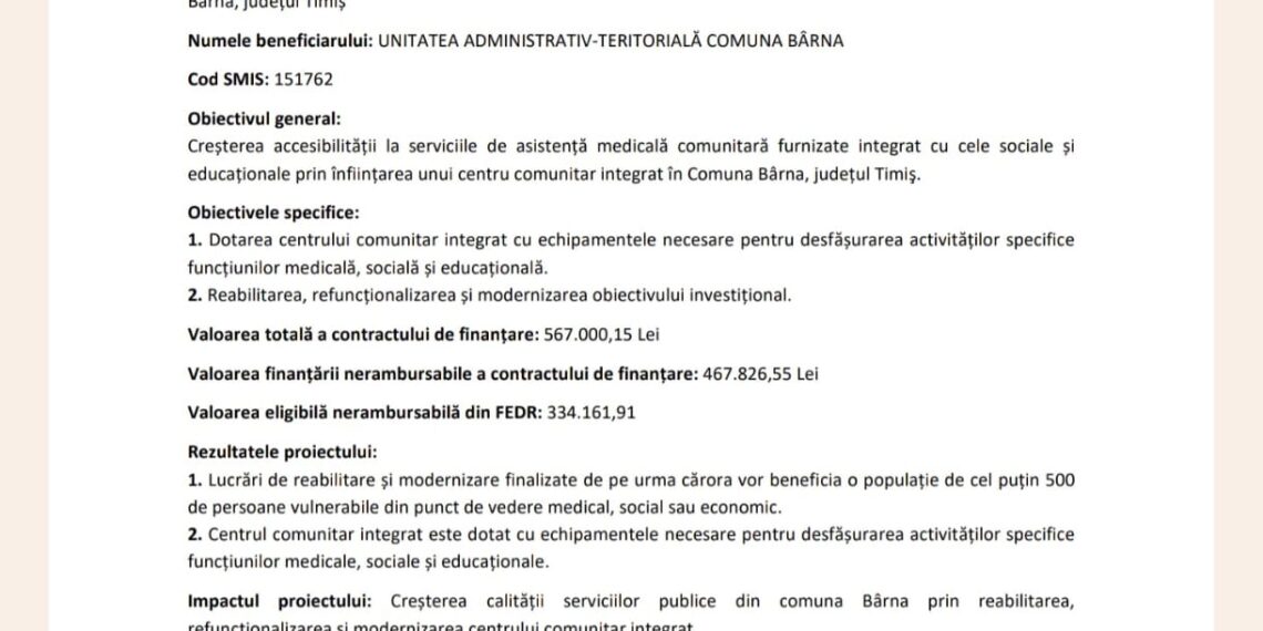 Comuna Bârna: Anunț finalizare proiect POR 8.1
