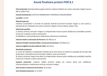 Comuna Bârna: Anunț finalizare proiect POR 8.1