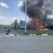 Accident rutier urmat de incendiu la un autocamion încărcat cu cereale