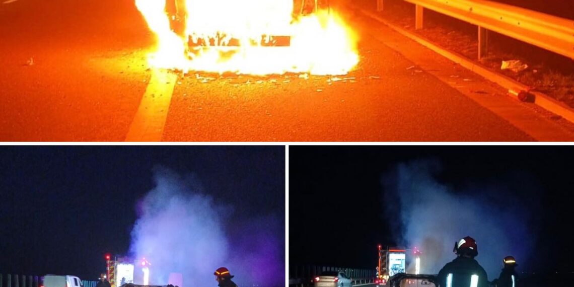 Mașină distrusă de flăcări și tamponare cu 5 mașini pe A1, în Timiș/Foto-video