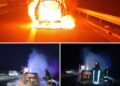 Mașină distrusă de flăcări și tamponare cu 5 mașini pe A1, în Timiș/Foto-video