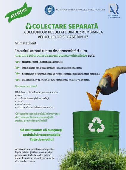 Registrul Auto Român susține colectarea separată a uleiurilor uzate