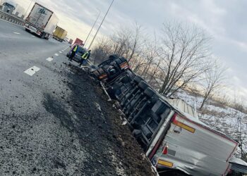 Accident rutier pe A1, în zona nodului Giarmata: autotren răsturnat în afara carosabilului