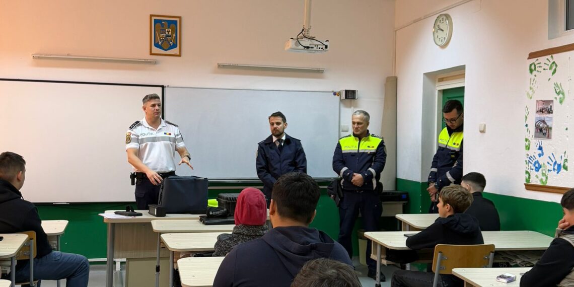 Zeci de elevi din Jimbolia au participat la o lecție interactivă de educație rutieră, susținută de polițiști
