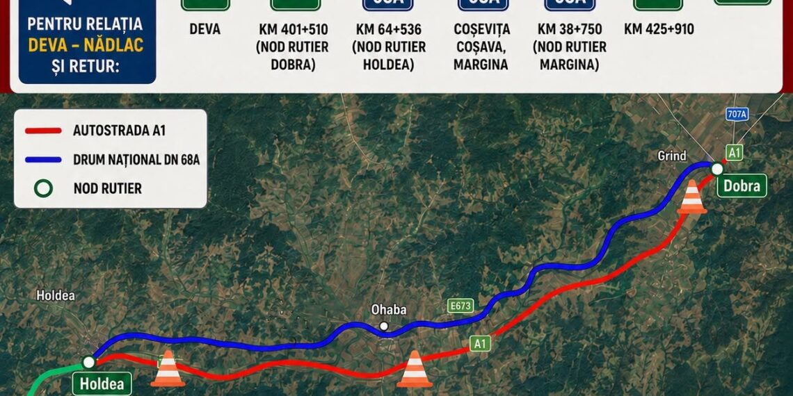 Trafic deviat pe autostrada A1 între Dobra și Holdea. Restricții timp de trei zile pentru lucrări de reparații