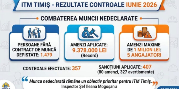 Amenzi record de 9.378.000  lei și 1479 de persoane depistate fara contracte de muncă în județul Timiș, în luna iunie