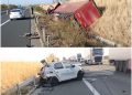 TIR intrat într-o zonă de lucrări pe A1, la Margina. Un bărbat a fost rănit după ce camionul a lovit o mașină de pază