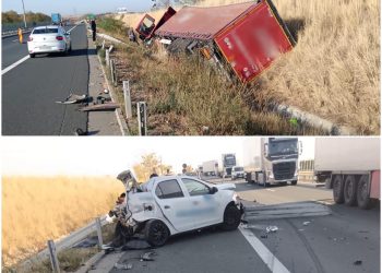 TIR intrat într-o zonă de lucrări pe A1, la Margina. Un bărbat a fost rănit după ce camionul a lovit o mașină de pază