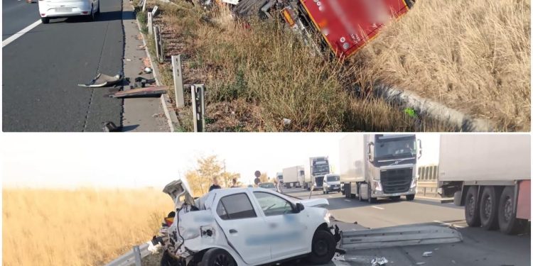 TIR intrat într-o zonă de lucrări pe A1, la Margina. Un bărbat a fost rănit după ce camionul a lovit o mașină de pază